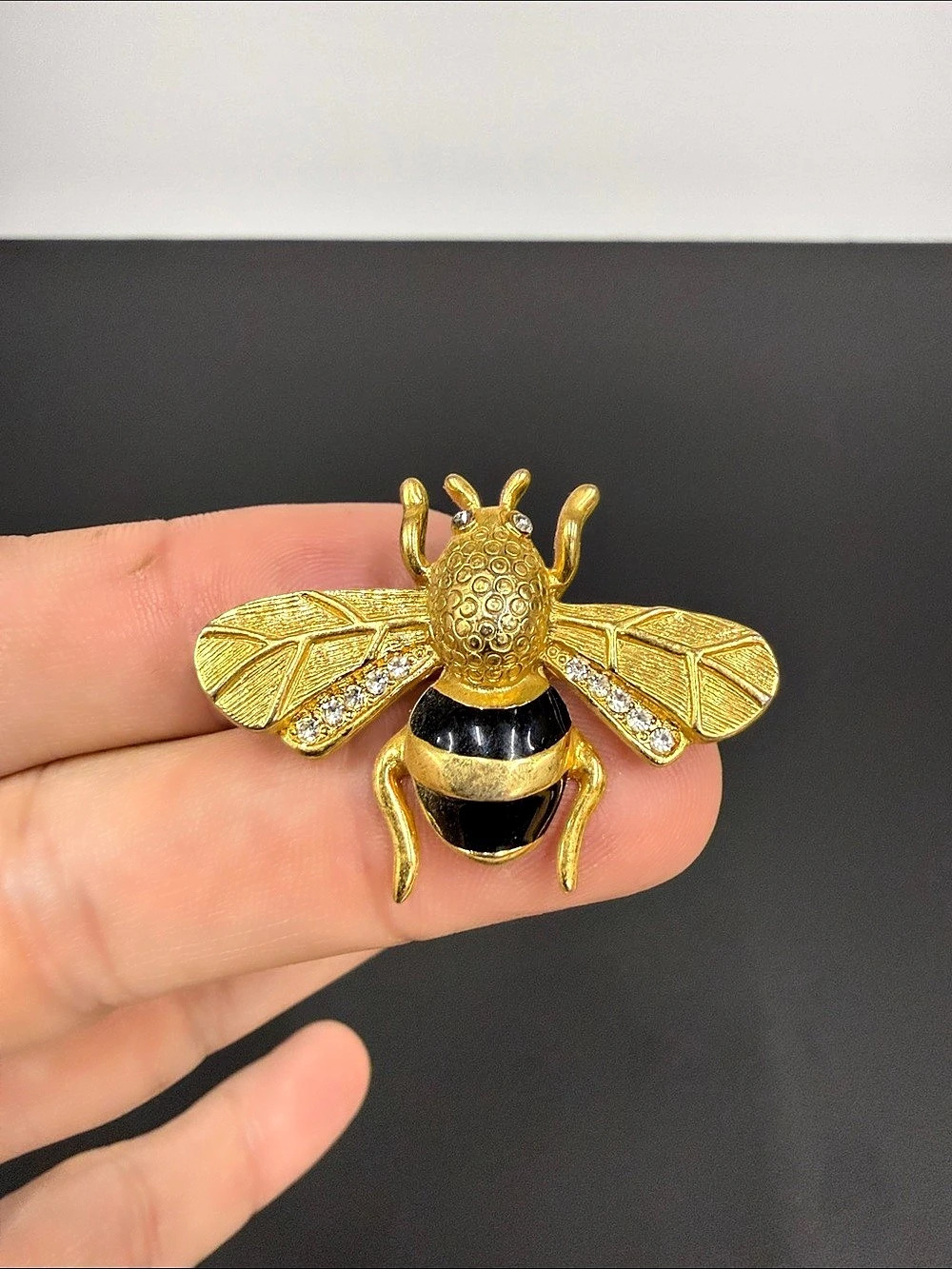 Gold-Tone Bumble Bee Brooch Black Enamel Clear Rhinestones Insect Pin